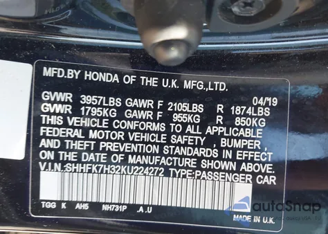 2019 Honda Civic Lx from USA, damaged, VIN SHHFK7H32KU224272